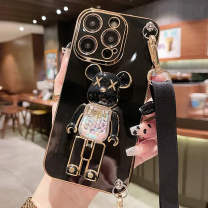 Plating Cover Quicksand Bear Stand Bracelet Strap Lanyard Phone Case For iPhone 15 14 13 12 11 Pro Max 7 8 Plus Phone Case