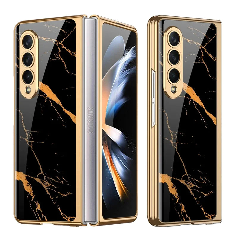 Luxury Plating Frame Case For Samsung Galaxy Z Fold 4 5G Painted Pattern Tempered Glass Hard Cover For Galaxy Z Fold5 4 3 Case