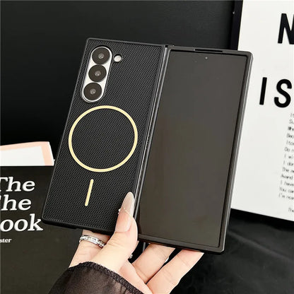 Business Leather Gold Magnetic Coil Phone Case For Samsung Galaxy Z Fold 7 Z Fold6 Fold 5 4 3 Luxury Full Protective Thin Cover