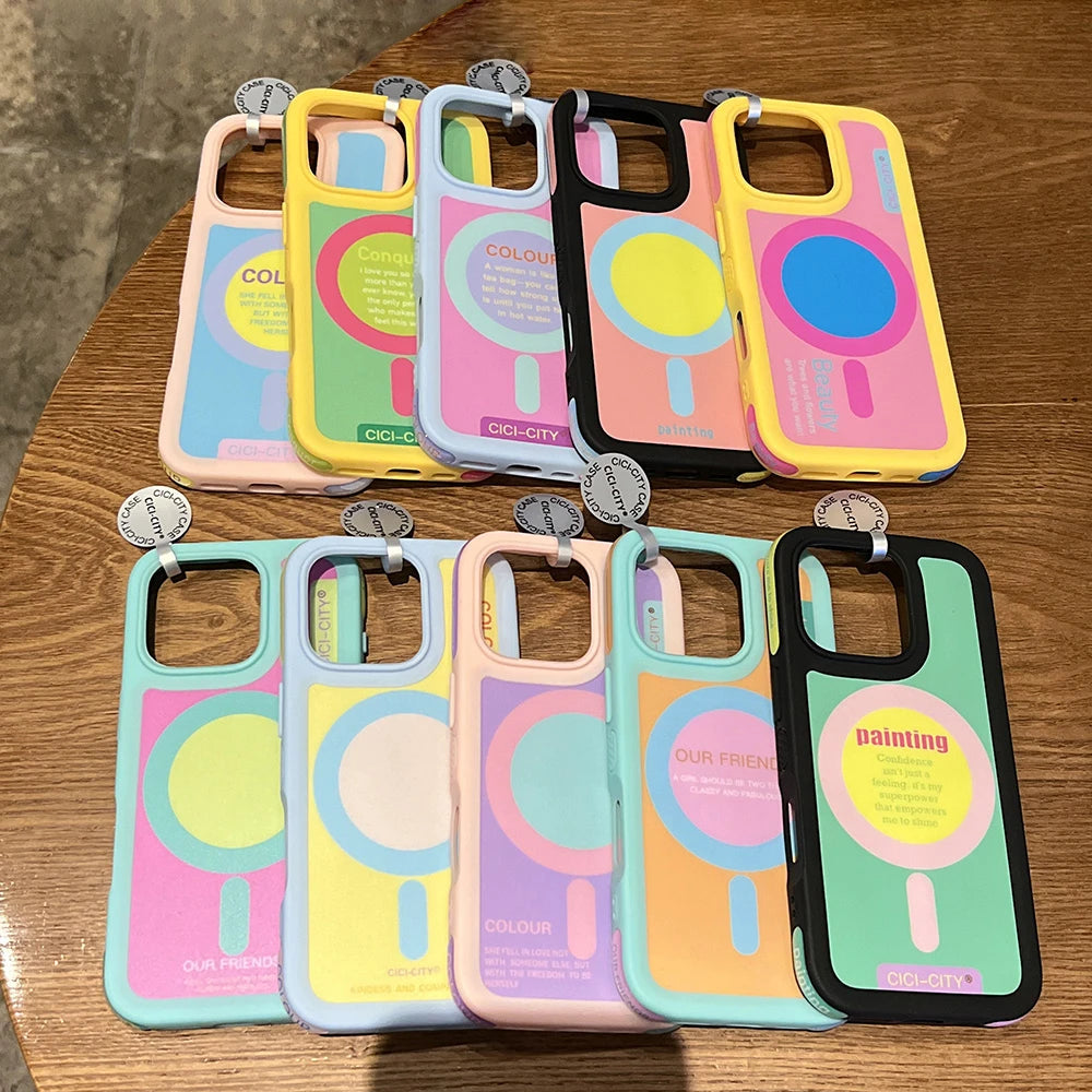 Dopamine Magnetic Clash Color Bumper Case for iPhone 16 15 14 Pro Max for Magsafe Candy Contrast Color Shockproof Cover Funda
