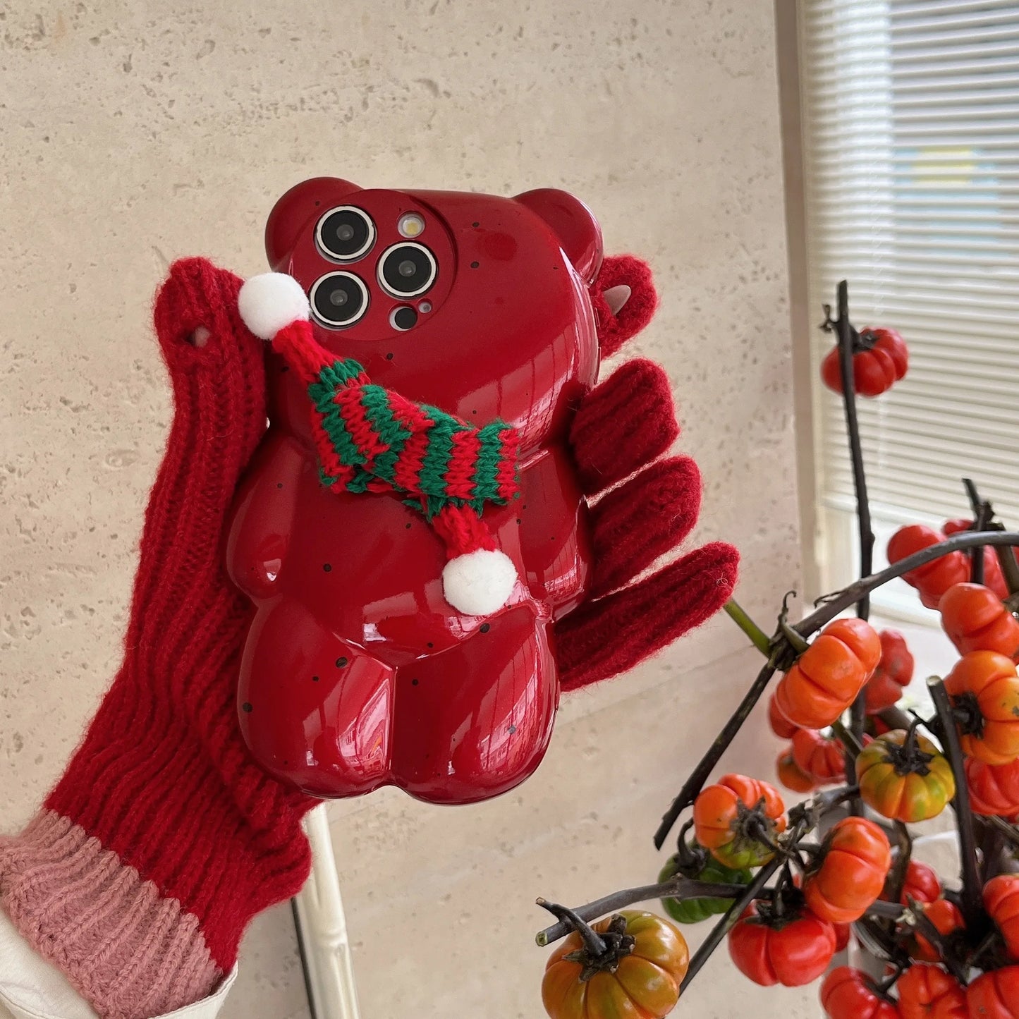 Merry Christmas 3D Cute Bear Shaped Winter Scarf Phone Case for iPhone 12 13 14 15 16 Pro Max Red New Year Soft Cover Xmas Gifts