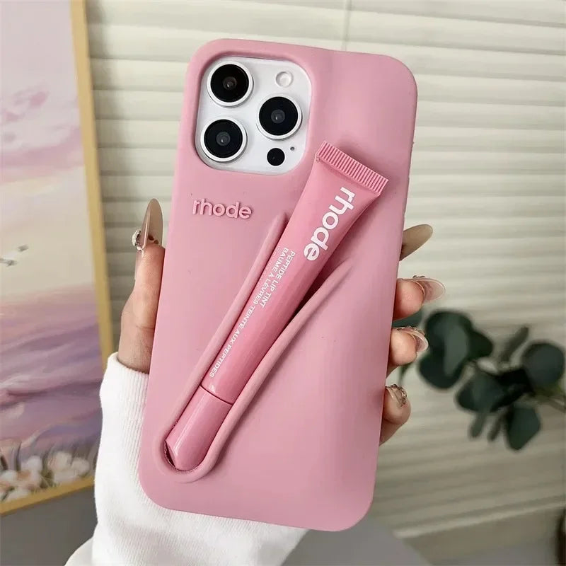 Fashion Lip Gloss Portable Silicone Shockproof Phone Case with Lipstick Suitable for IPhone 11 12 13 14 15 16 17 Pro Max Plus