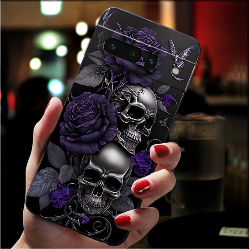 Skull Flower Art Phone Case For Google Pixel 10 9 Pro XL 9A 8 7 6 Pro Pixel 8A 7A 6A Pixel 8 7 6 5