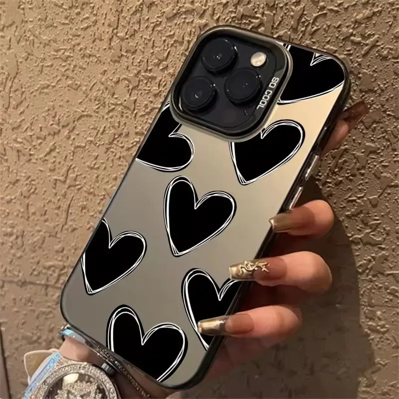 Luxury Love Heart Electroplate Silver IMD Case For iPhone 15 14 16 Pro Max Plus 11 12 13 Pro 7 8 Plus X XR Shockproof Back Cover