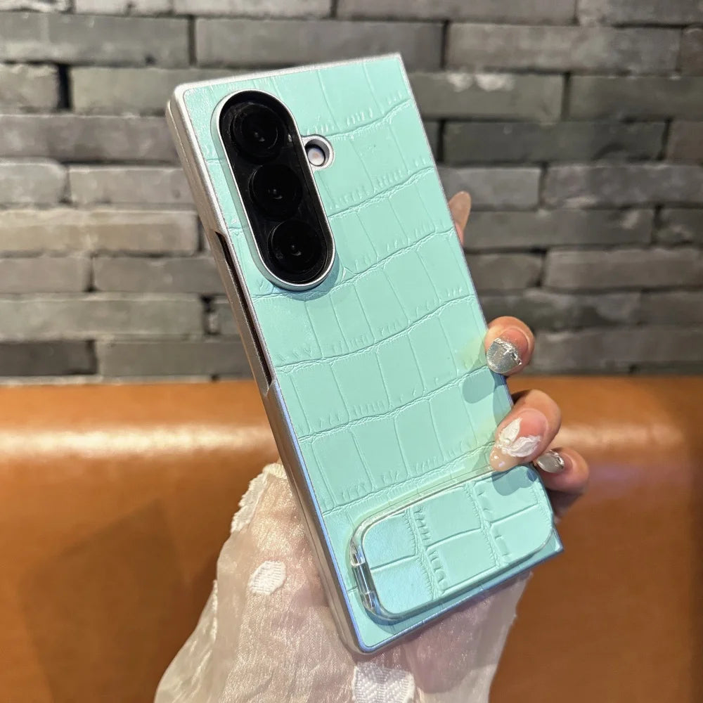 Luxury Crocodile Pattern Leather Case For Samsung ZFold 7 6 5 4 3 5G Mirror Fold Satnd Holder Shockpoof Protection Bumper Cover