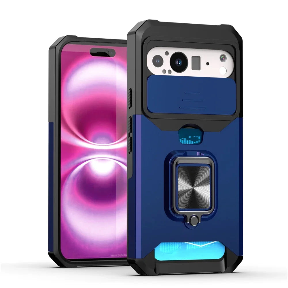 Slide Camera Protection Magnetic Phone Case For Google Pixel 10 9 8 8A Pro XL 7A 7 6 6A 5 5A Luxury Push Card Folding Ring Stand