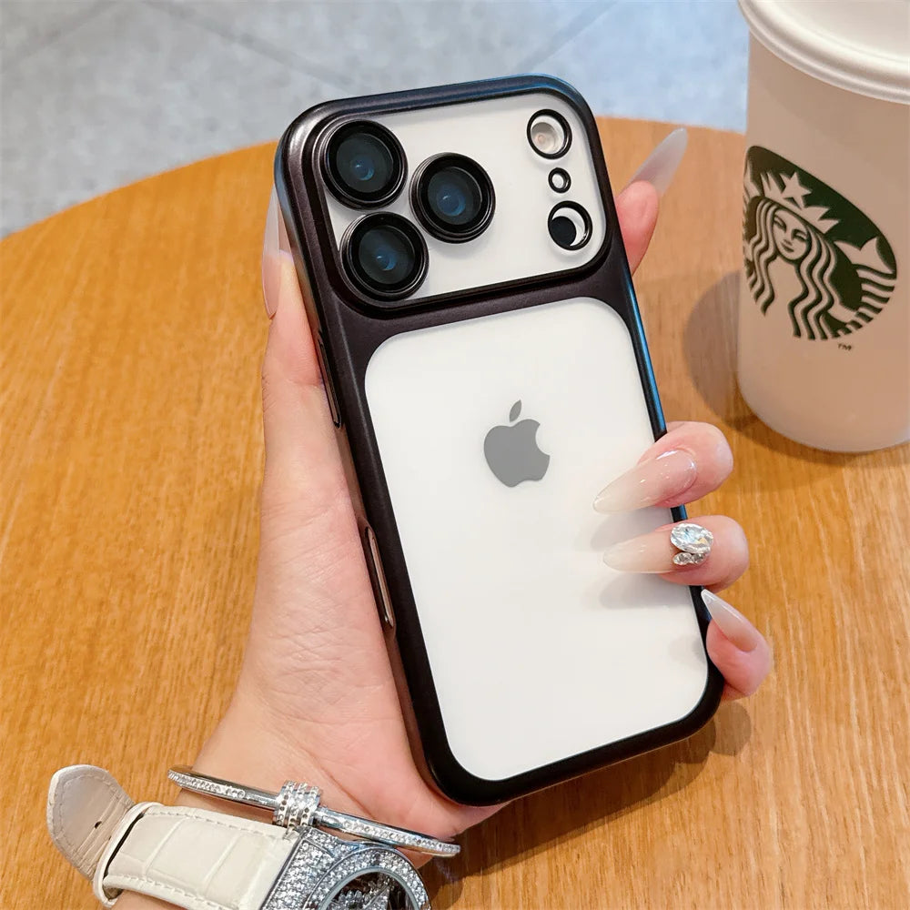 Luxury Frosted Transparent Matte Phone Case For iPhone 17 Pro Max Full Lens Protection Metallic Color Frame Armor Back Cover