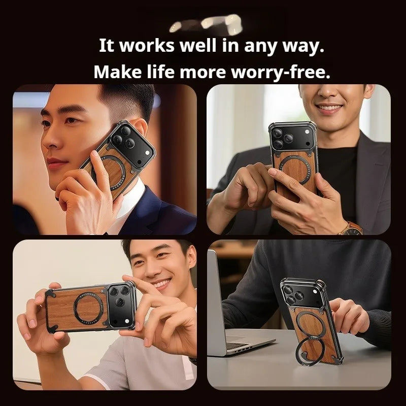 Eary Natural Wooden Frameless Case For iPhone 17 Pro Max 17 Air With Magsafe 360°Rotation Magnetic Stand Shockproof Phone Cover
