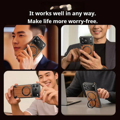 Eary Natural Wooden Frameless Case For iPhone 17 Pro Max 17 Air With Magsafe 360°Rotation Magnetic Stand Shockproof Phone Cover