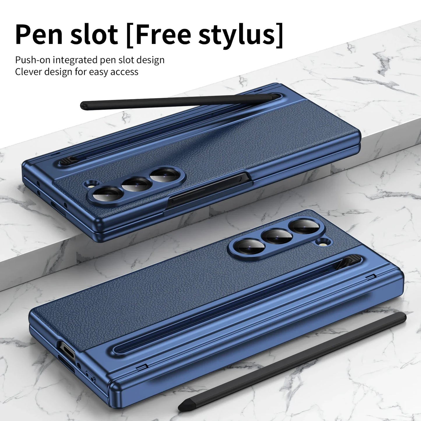 With Touch Pen For Samsung Galaxy Z Fold 7 6 5 4 3 TriFold Case Leather Plating Hinge 360 Full Screen Protector Folding Cover