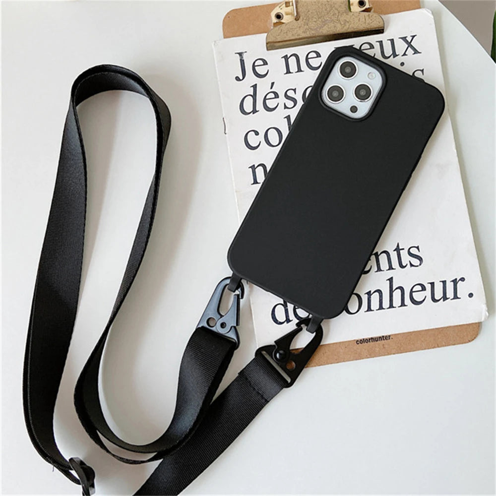Crossbody Necklace Strap Lanyard Matte Silicone Case For iPhone 17 16 15 14 Pro Max 11 12 13 XR X XS 8 Plus SE Shockproof Cover