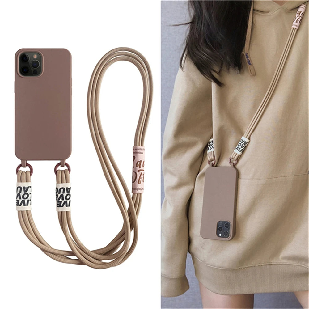 Fashion Crossbody Lanyards Necklace Liquid Silicone Case For iPhone 16 15 14 13 11 12 Pro Max Mini XS XR X 8 7 Plus Matte Cover