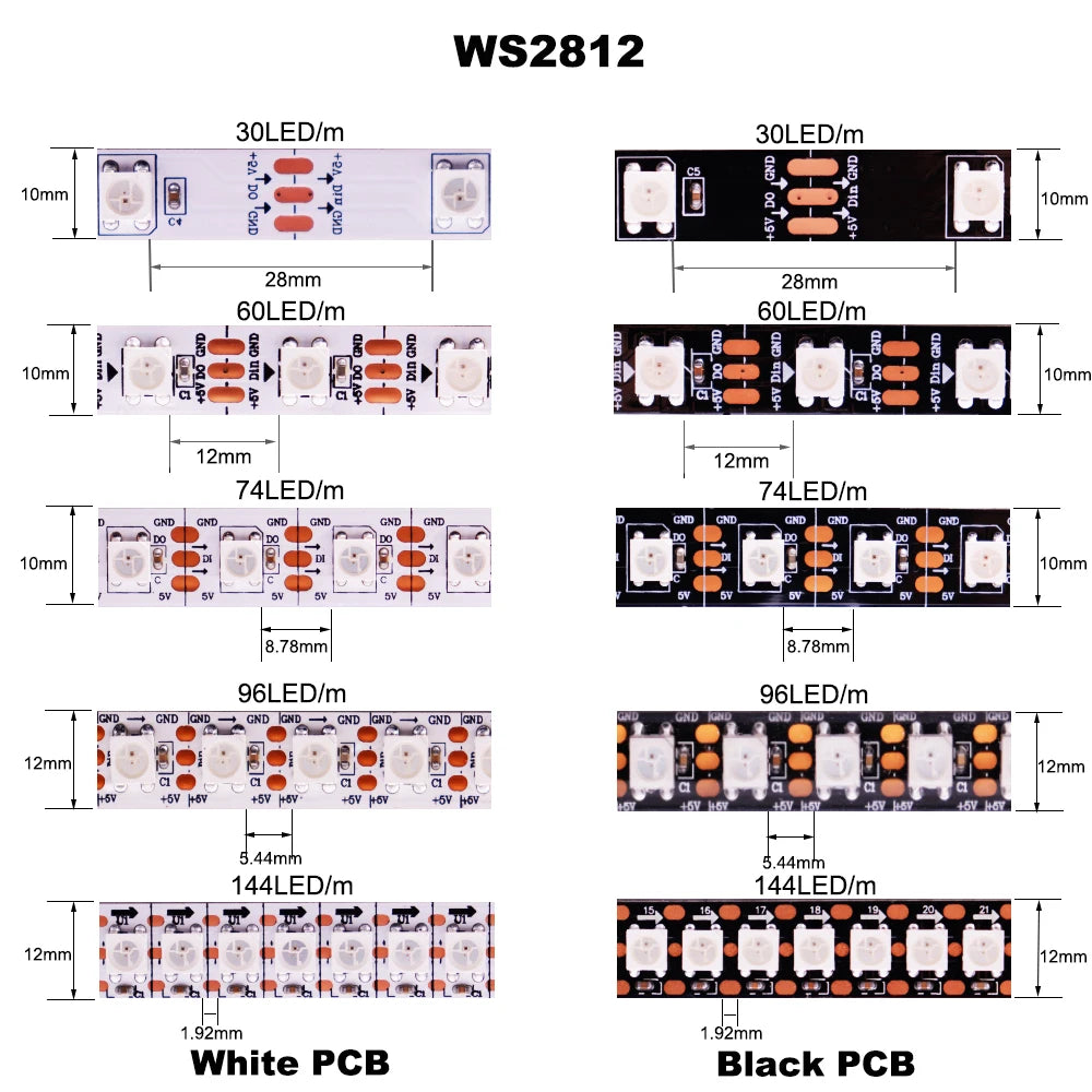 WS2812B Individually Addressable Led Strip 1-5M 30/60/74/96/144leds/m WS2812 5050 RGBIC Smart Pixels Led Light IP30/65/67 DC5V