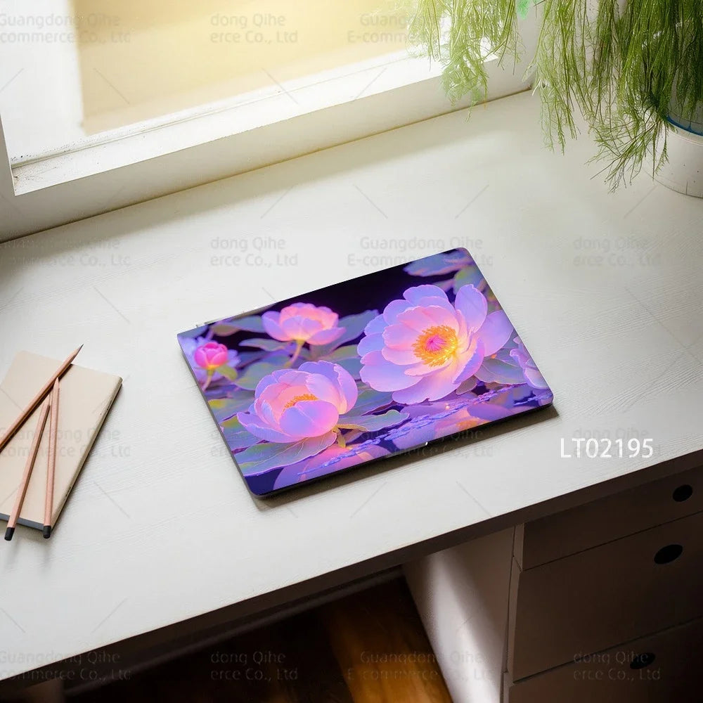 2PCS Christmas Flower Laptop Skin Stickers - Festive Holiday Floral Oil Painting Design, Waterproof PVC Decal Computer Decor