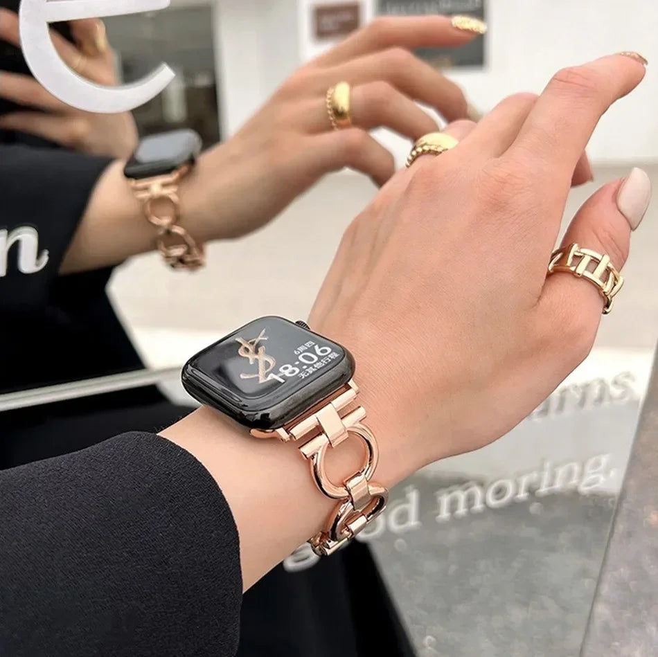 Metal Chain Strap for Apple Watch Series 9 8 7 6 SE 5 3 45/44/42/41mm Fashion Round Loop Bracelet IWatch Ultra 2 49mm 40mm 38mm