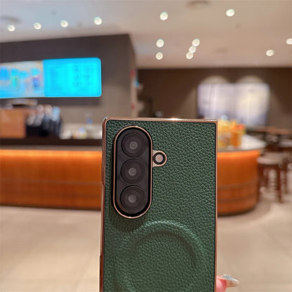 Lichee Pattern Leather Magnetic Case For Samsung Galaxy Z Fold 7 6 5 4 3 5G For Magsafe Phone Protection Hard Cover Shockproof