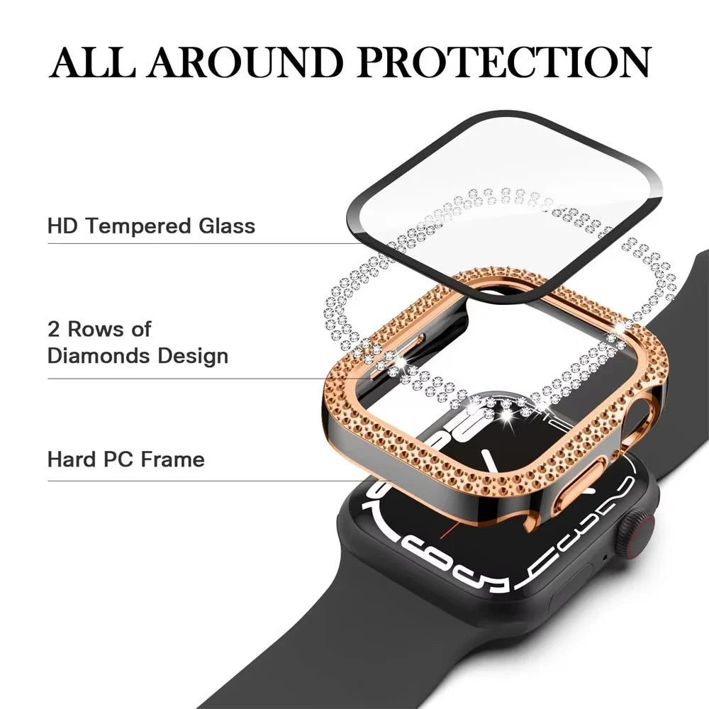 NEW Diamond case+Strap For Apple Watch Band 41mm 38mm 42mm  45mm 40mm 44mm Metal Belt IWatch Series 9 8 7 SE 6 5 Women Bracelet