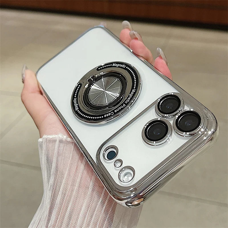 Luxury Plating 360 Rotate Ring Bracket Magnetic For Magsafe Case For iPhone 17 Air 16 15 14 Plus 13 12 11 Pro Max 16E Soft Cover