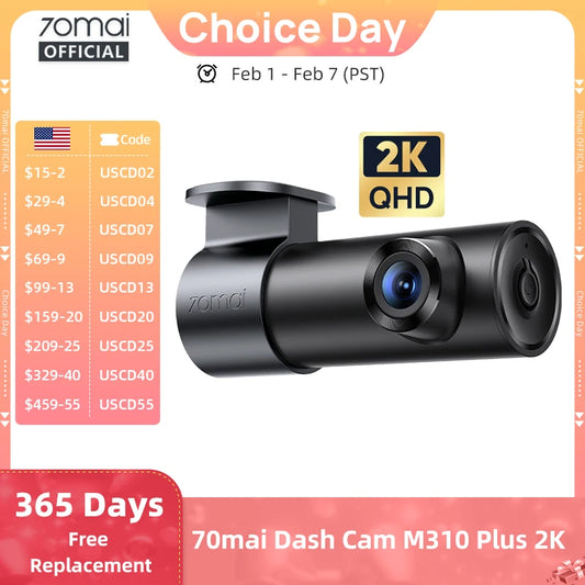 70mai Dash Cam M310 Plus 2K 1440P 143°FOV F1.55 Smart Voice Control 24H Parking Guard Night Vision 70mai M310 Plus 2K Car DVR