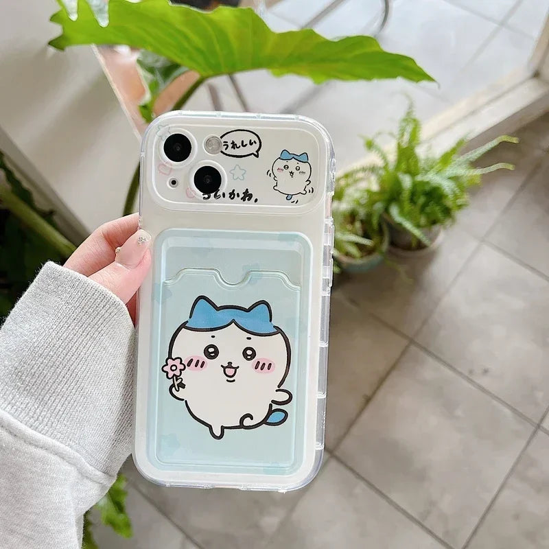 Cute Cartoon Japan Anime Chiikawa Card Wallet Pocket Phone Case For iPhone 16 15 14 13 12 11 Pro Max Cover With Lanyard