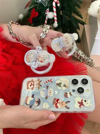 3D Cartoon  Christmas Snowman magnetic holder Phone Case for Iphone16 15 14 13 ProMax Shockproof  Soft Cute Anti-drop Back Cover