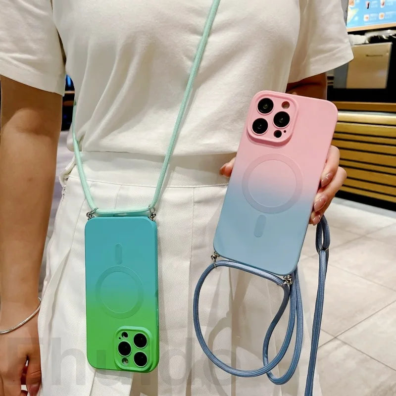 Crossbody Lanyard Case For Magsafe iPhone 16 14 13 12 Pro Max 11 15 Plus Magnetic Gradient Color Camera Protect Shockproof Cover