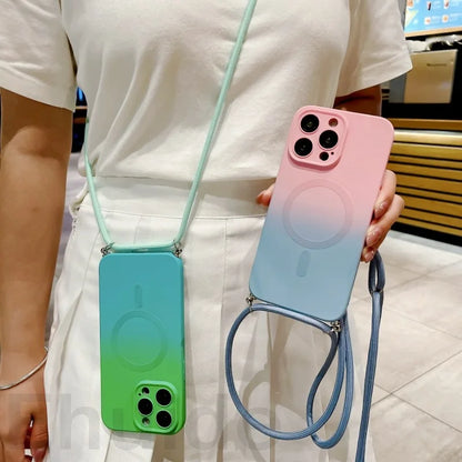 Crossbody Lanyard Case For Magsafe iPhone 16 14 13 12 Pro Max 11 15 Plus Magnetic Gradient Color Camera Protect Shockproof Cover