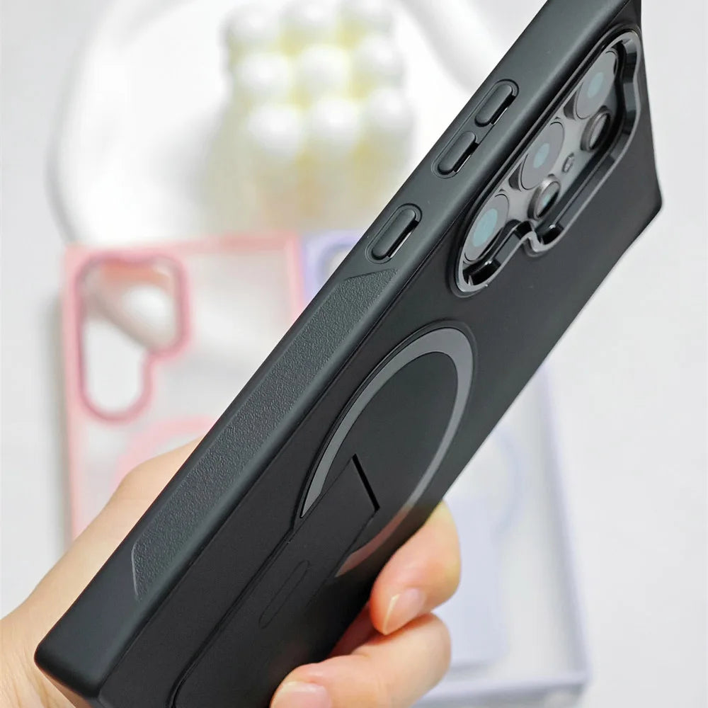 Luxury Fold For Magsafe Magnetic Stand Phone Case For Samsung S25 Edge Plus S23 S24 Ultra Plating Lens Frame Matte Frosted Cover