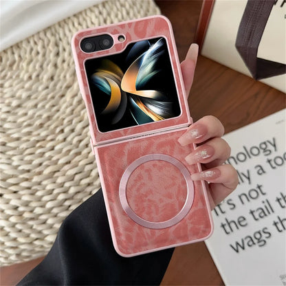 Leopard Print PU Leather Phone Case for Samsung Galaxy Z Flip 7 6 Z Flip 5 4 3 Z Fold 6 5 4 Magnetic Wireless Charging Case