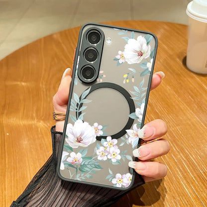 For Samsung Galaxy A14 A15 A55 A54 A56 A25 S25 Edge S24 S23 S22 Ultra Plus S21 S25 FE Flowers Case Magnetic Magsafe Matte Cover