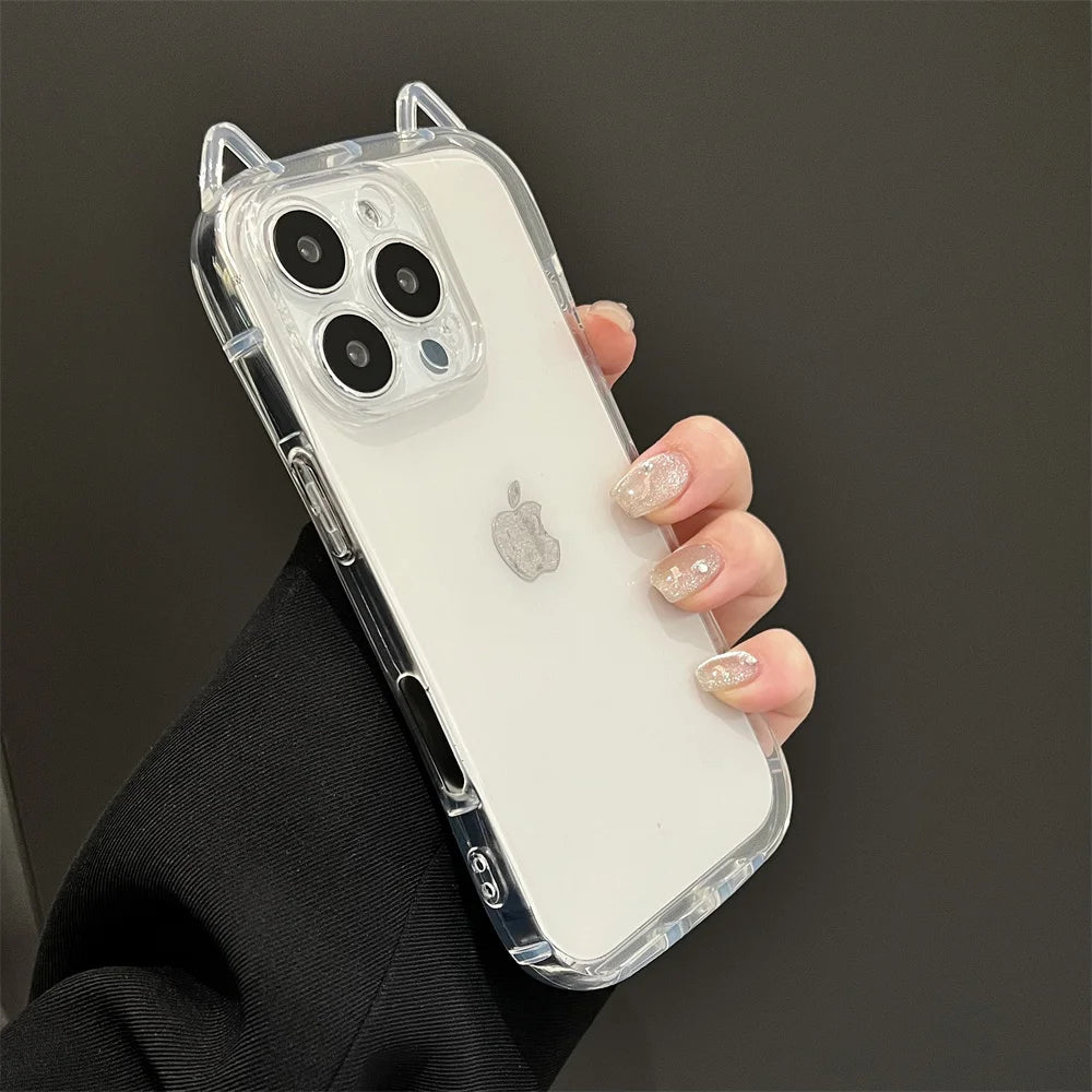Fashion Clear 3D Cute Cat Ears Phone Case For iPhone 16 15 14 13 12 11 16 Pro Max 7 8 Plus X XR XS MAX Shockproof Soft TPU Cover