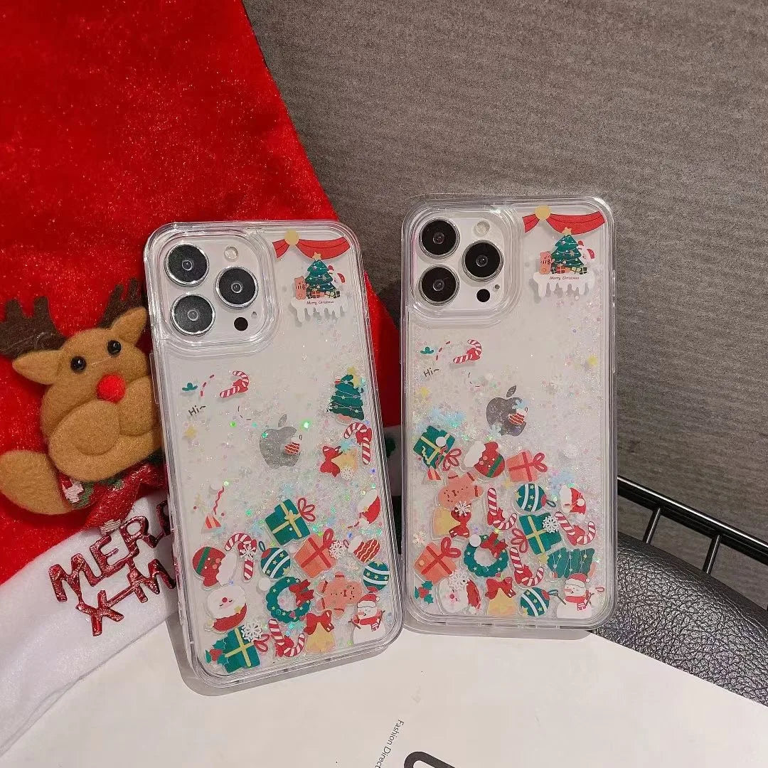 Cute Cartoon Santa Claus Snowman Shake Quicksand 3D Bling Glitter Phone Cover For iPhone 16 14 13 12 11 15Pro Max Christmas Case