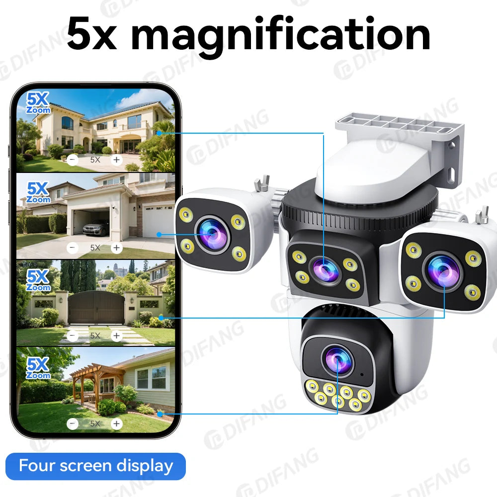 10K 20MP Four Screen Outdoor WiFi Cam PTZ 5X Zoom Night Vision Four Lens 10K Wireless CCTV Surveillance Cam Security Protection