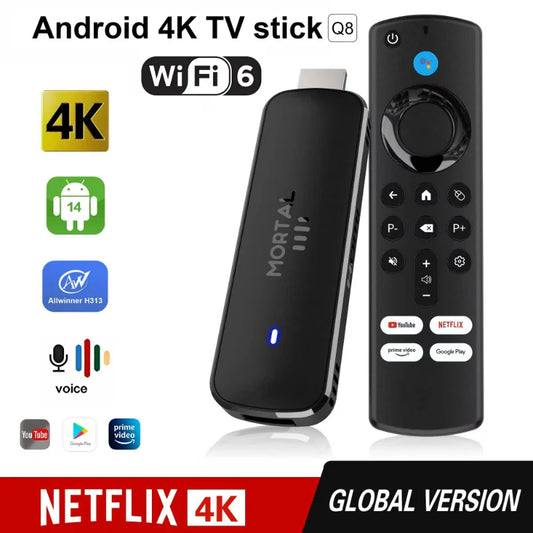 Android14 TV Stick  Mortal Q8 Global Version  Allwinner H313 Chip Wifi6 Voice Remote 8K 4K@60fps YouTube Stream TV stick 2G8G16G