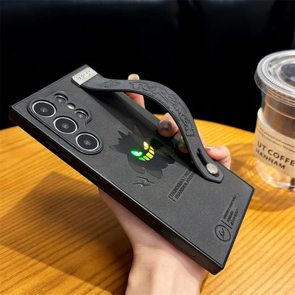 Cartoon Gengar Leather Phone Case with wristband For Samsung Galaxy S25 S24 S23 S22 Ultra Plus Shockproof Cover