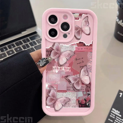 Pink Cute Butterfly Silicone Soft Phone Case For iPhone 16 16E 15 14 13 12 11 Pro Max XS XR X 7 8 Plus Shockproof Candy Cover