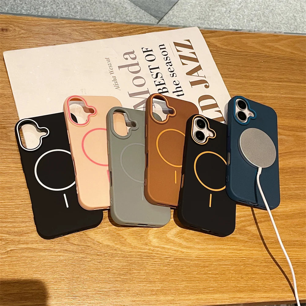 Ultrathin Simple Magsafe Case for iPhone 16 Pro Max 15Pro 14 Plus 13 12 11 Matte Hit Color Lens Wireless Charging Soft TPU Cover