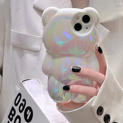Ins Cute 3D Aurora Cartoon Bear Case For iPhone 11 13 12 14 15 16 Pro Max 16 Plus Colorful Laser Rainbow Gradient Soft Cover