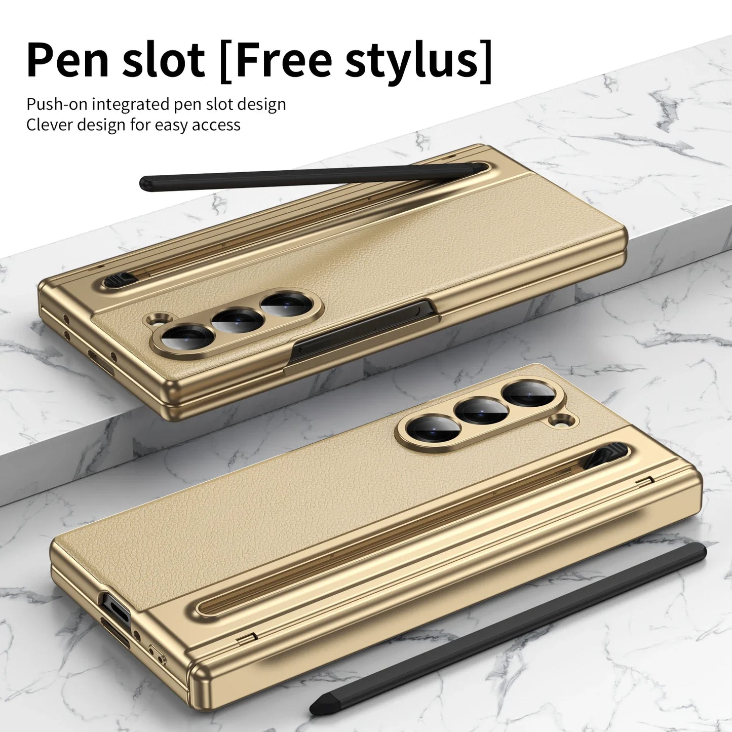 With Touch Pen For Samsung Galaxy Z Fold 7 6 5 4 3 TriFold Case Leather Plating Hinge 360 Full Screen Protector Folding Cover