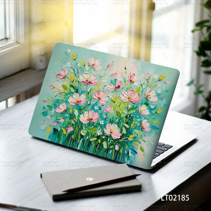 2PCS Christmas Flower Laptop Skin Stickers - Festive Holiday Floral Oil Painting Design, Waterproof PVC Decal Computer Decor