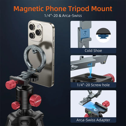 2025 Magnetic Phone Tripod Mount  w Arca 1/4"-20 Cold Shoe Phone Holder Desk Stand For MagSafe iPhone 16 15 14 13 Android Tripod
