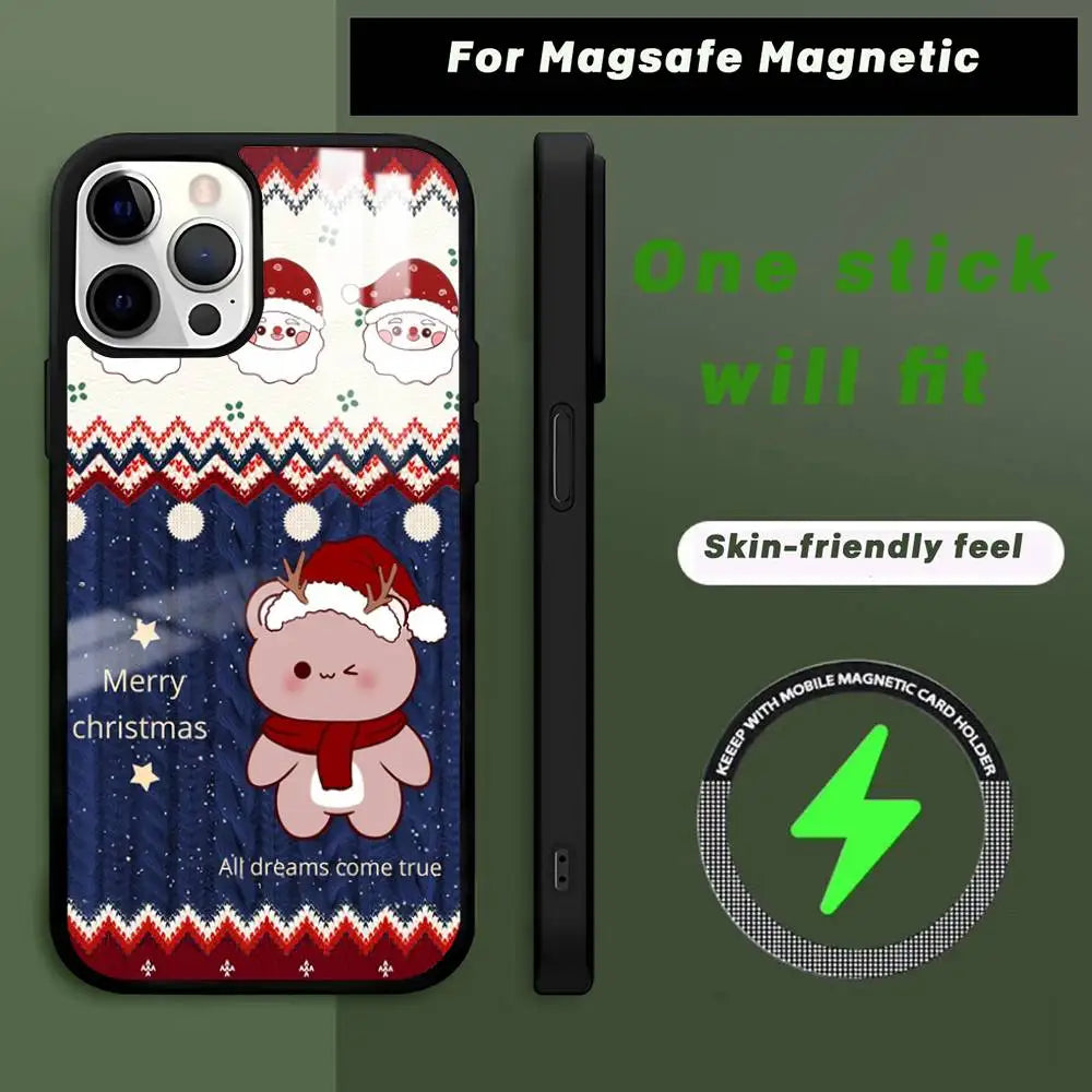 Merry Christmas New Year Phone Case MagSafe Magnetic for iPhone 16 15 14 13 12 11 Pro Plus Max Mini Wireless Charger Funda