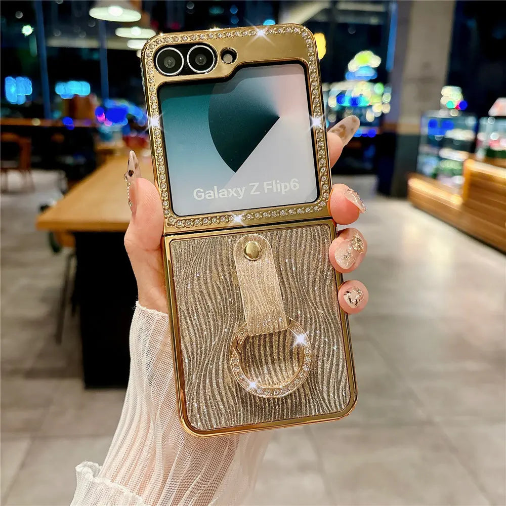 Leather Plating  Ring Phone Case For Samsung Galaxy Z Flip 7 6 Flip 5 Zflip 4 3 Bling Diamond Shockproof Cover Funda