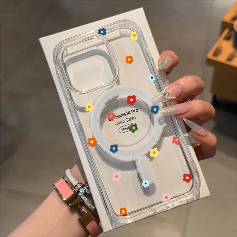 Small Flower Heart Graphic Magsafe Wireless Charger Phone Case For iPhone 16 15 14 13 12 11 16E Pro Max 7 8 Plus XS XR X Cover