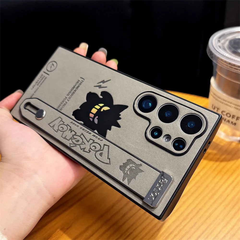 Cartoon Gengar Leather Phone Case with wristband For Samsung Galaxy S25 S24 S23 S22 Ultra Plus Shockproof Cover