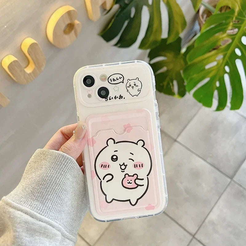 Cute Cartoon Japan Anime Chiikawa Card Wallet Pocket Phone Case For iPhone 16 15 14 13 12 11 Pro Max Cover With Lanyard