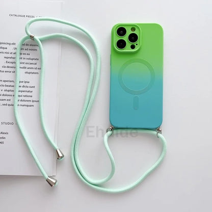 Crossbody Lanyard Case For Magsafe iPhone 16 14 13 12 Pro Max 11 15 Plus Magnetic Gradient Color Camera Protect Shockproof Cover