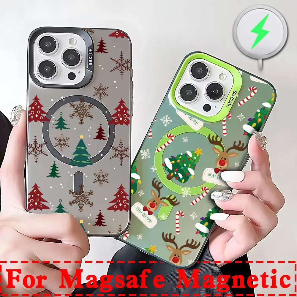 Christmas Pattern Magsafe Magnetic Case for iPhone 11 12 13 14 15 16 Pro Max Plus Soft Silver Plated Anti Fall Cover