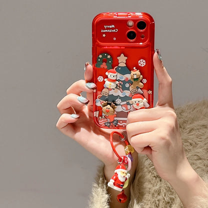 3D Christmas Stand Holder With Bell Pendant Phone Case For iPhone 17 16 15 14 13 12 11 Pro Max Plus Santa Claus Keychain Cover