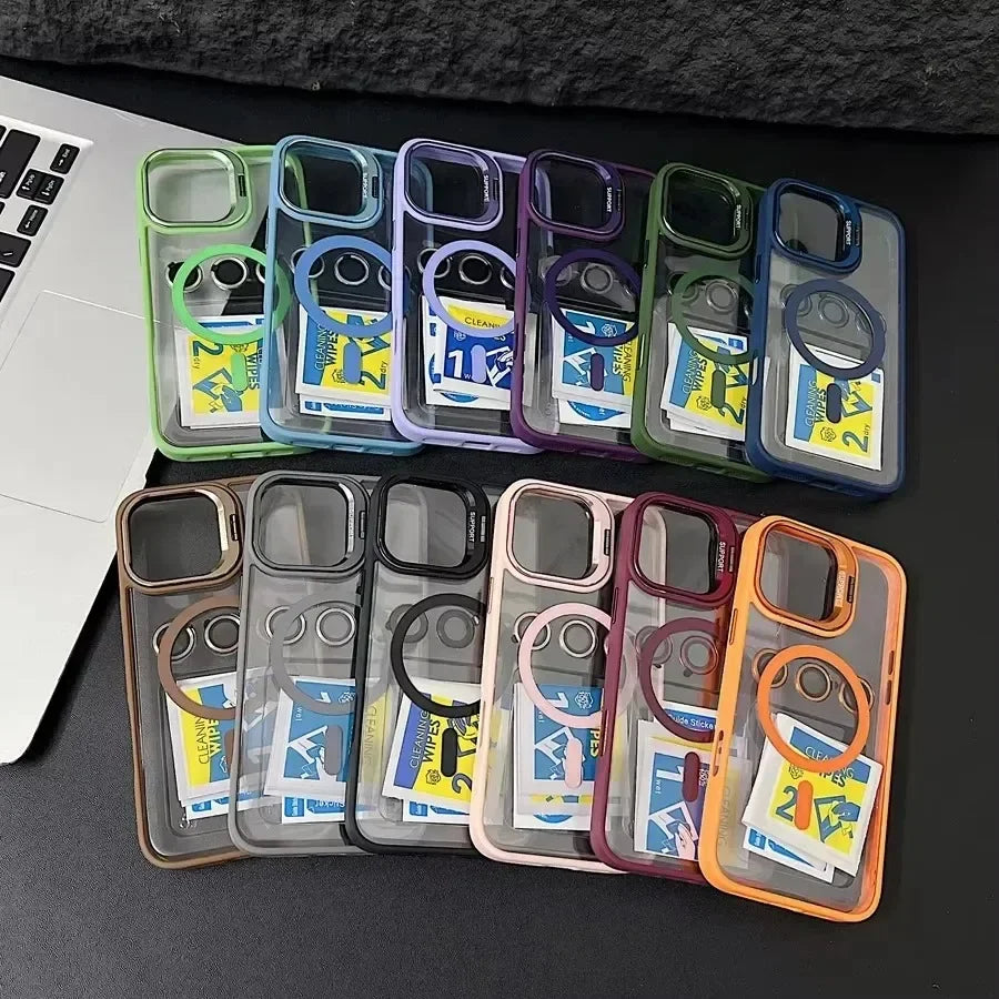 Fashion Magnetic Stand Case for iPhone 16 15 14 Plus 13 12 11 Pro Max Case for Magsafe Wireless Charge With Lens Protector Cover